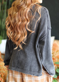 Felicity Oversized Drop Sleeve Raw Edge Crewneck in Charcoal