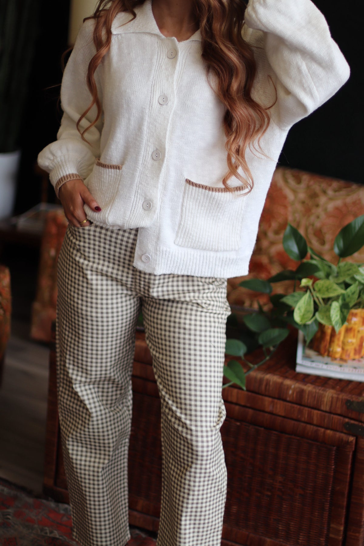 Alice Gingham Barrel Leg Pants in Taupe