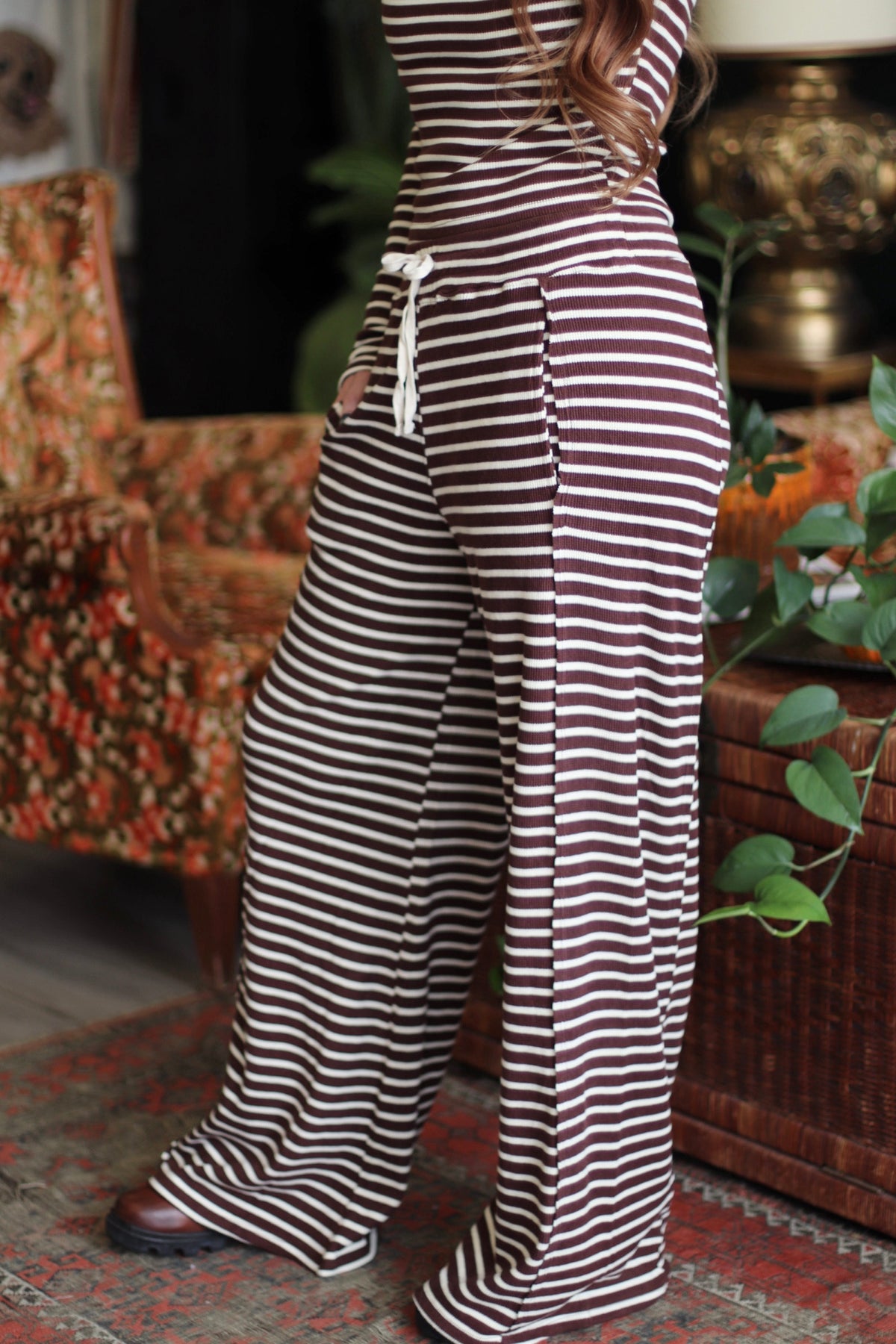 Brown Striped Ribbed Knit Long Sleeve Top & Pants Set