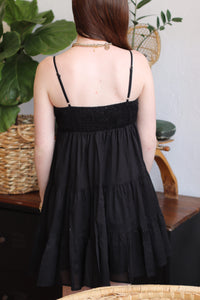 Cotton Smocked Tiered Mini Dress in Black