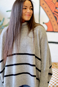Striped Turtle Neck Oversized Sweater + Grey