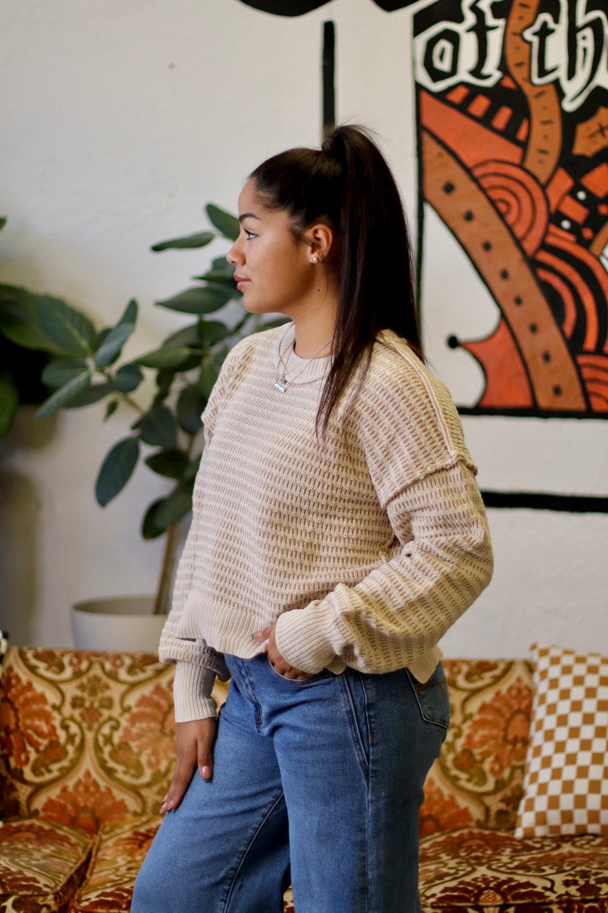 Taupe Two Tone Textured Knit Casual Sweater Top