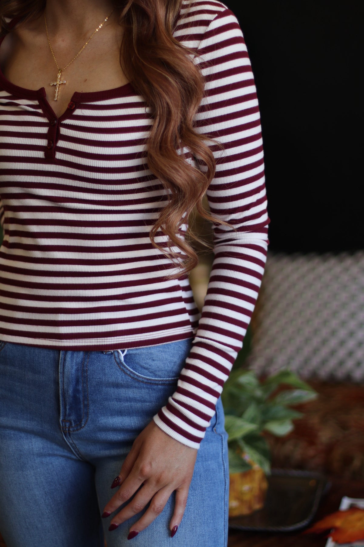 Red Striped Henley Long Sleeve Top