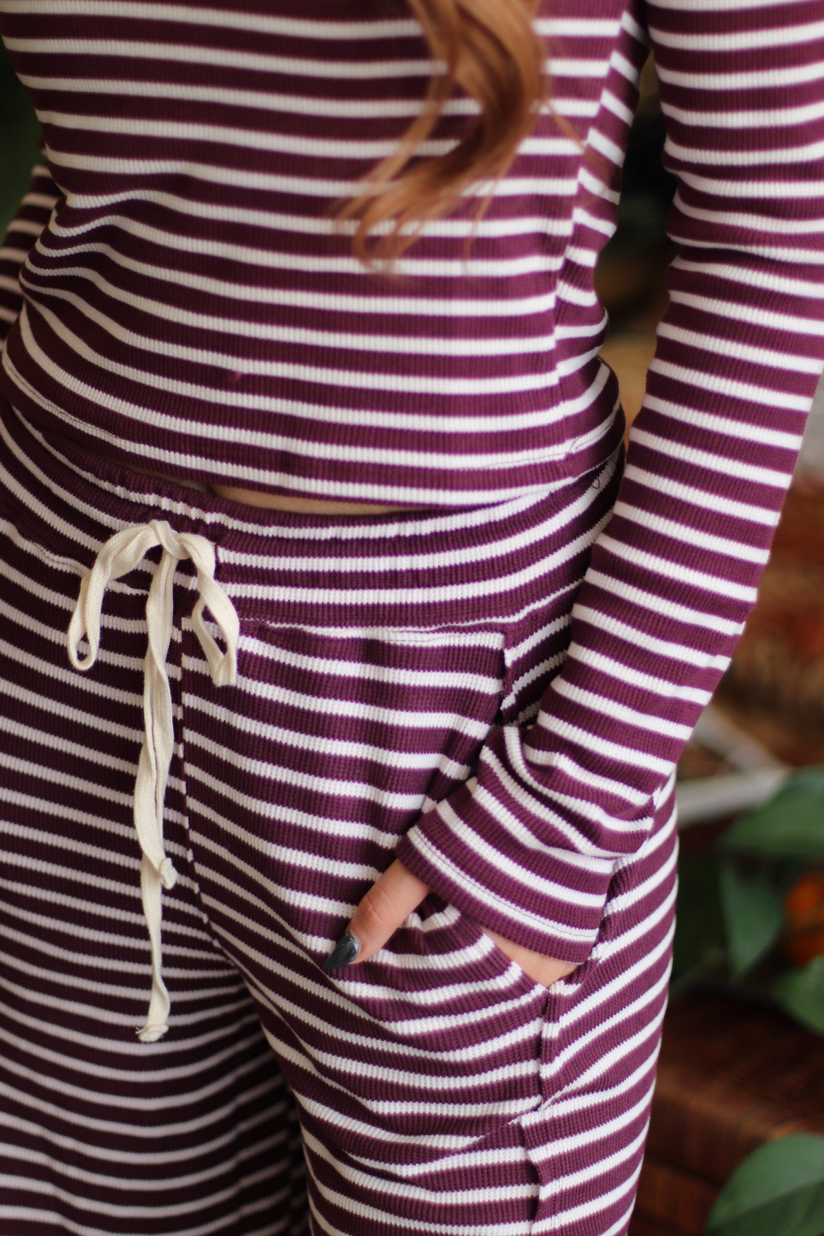 Plum Striped Ribbed Knit Long Sleeve Top & Pants Set
