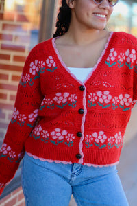 Cutie Red Floral Knit Cardigan