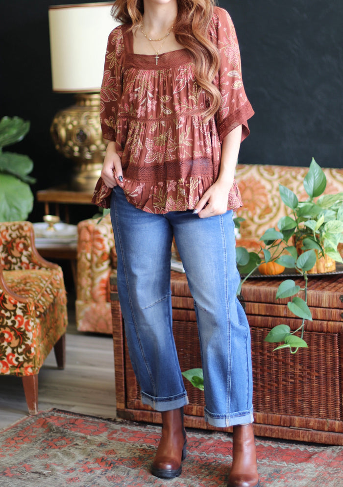 Lacey Floral Tiered Flowy Blouse in Brick