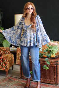 Amy Blue Flowy Bell Sleeve Top