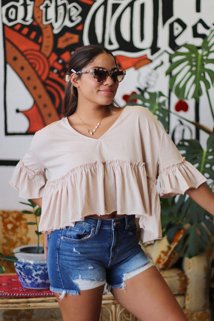 V-Neck Ruffle Hem Top in Almond