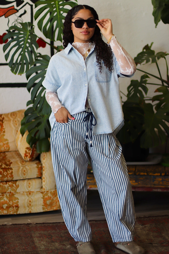 Junie Navy Striped Barrel Denim Pants
