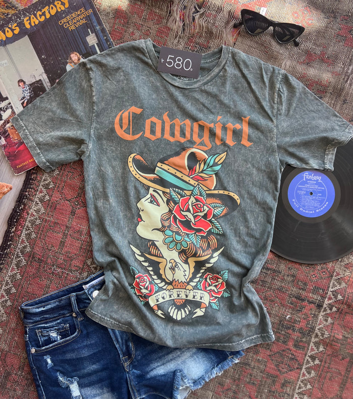 Cowgirl Forever Tattoo Stone Gray Mineral Wash Graphic Tee