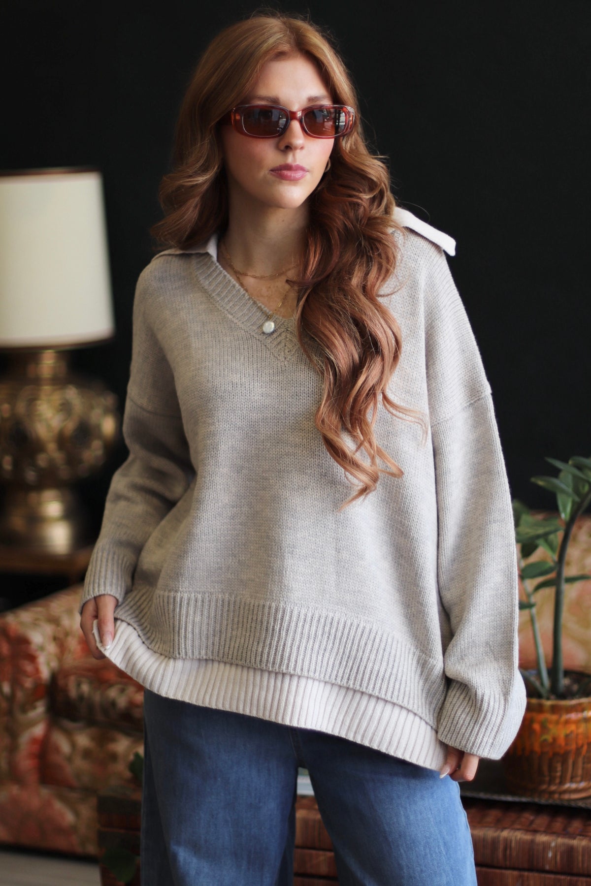 Veronica Collared V-Neck Sweater + Beige/Grey