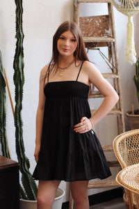 Cotton Smocked Tiered Mini Dress in Black