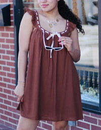Front Tie Ruffle Sleeve Woven Mini Shift Dress Mocha