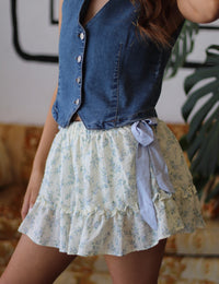 Floral Bow Mini Skirt w/ Shorts in Sky