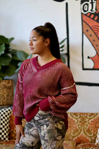 Oversized Two Tone Knit Sweater Wine