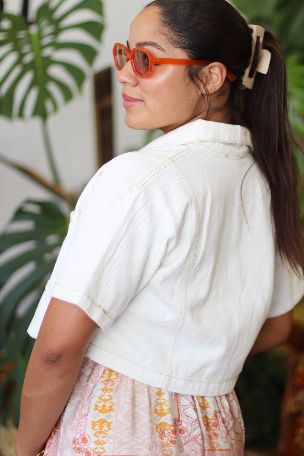 White Denim Collared Short Sleeve Top