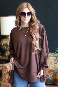 Brown Exposed Seam Oversized Crew Neck