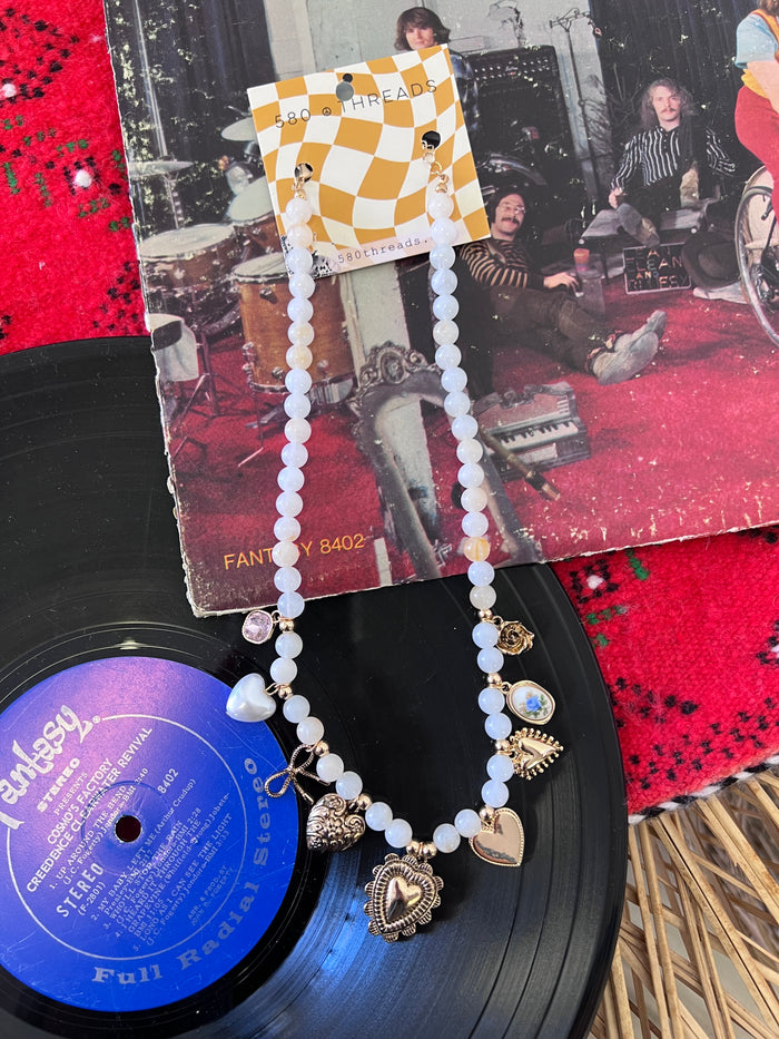 Chunky White Beaded Heart Charm Necklace