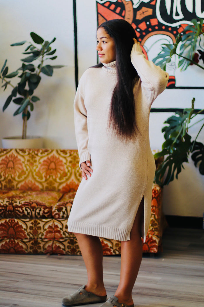 Turtle Neck Midi Dress + Beige