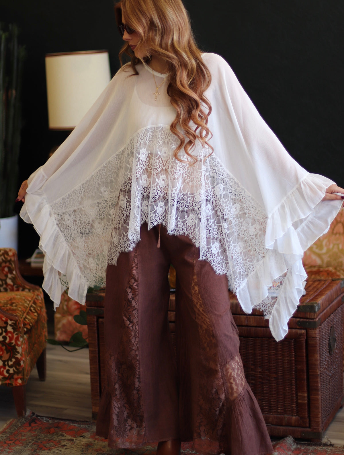 Stevie V-Neck White Sheer Batwing Top