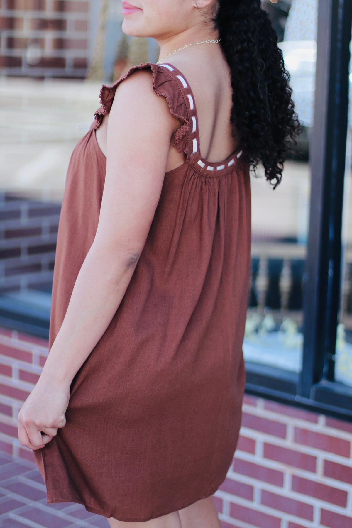 Front Tie Ruffle Sleeve Woven Mini Shift Dress Mocha