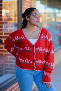 Cutie Red Floral Knit Cardigan