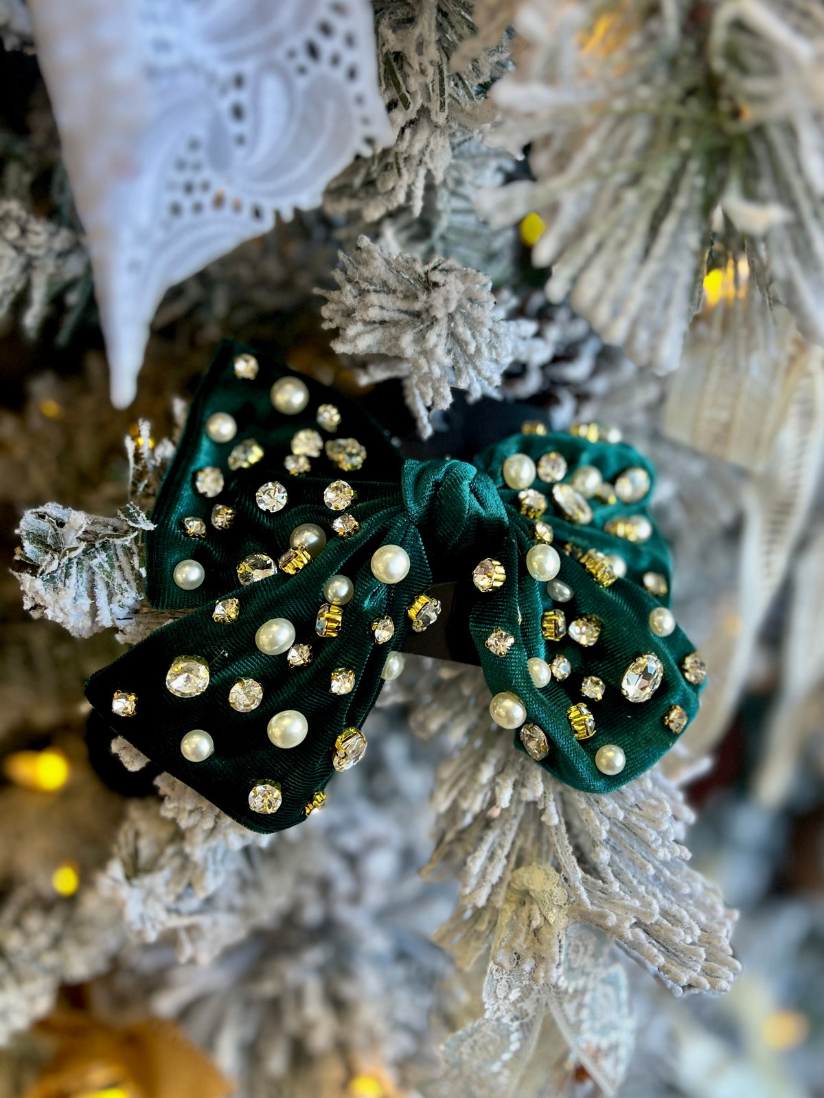 Velvet Rhinestone & Pearl Bow