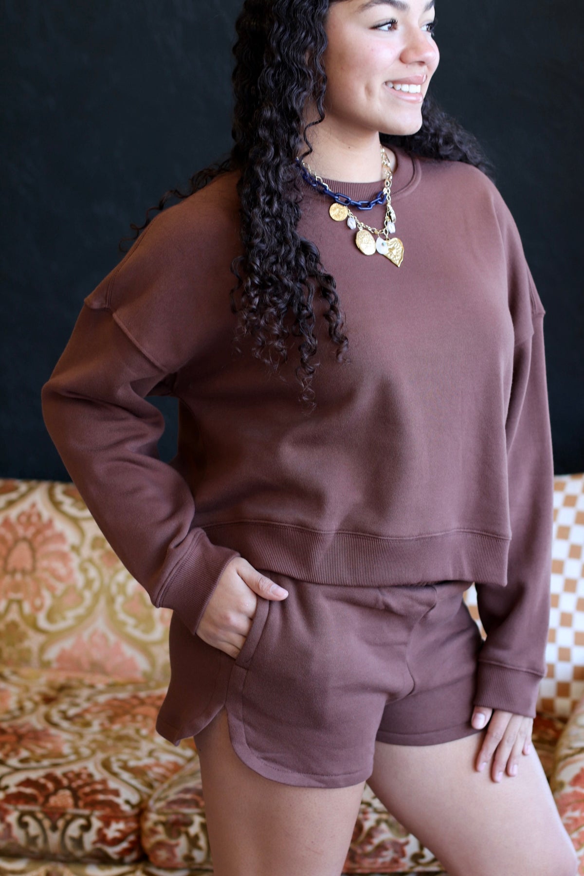 Cozy Sweatshirt & Shorts Set + Brown