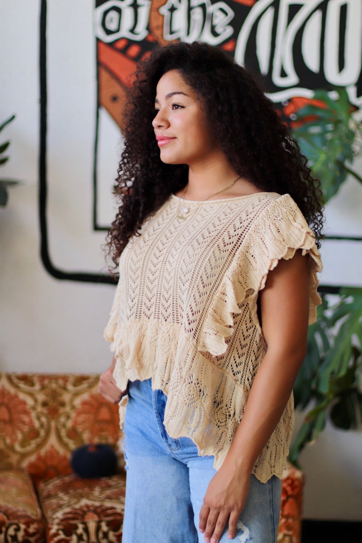 Oversized Pointelle Flutter Sleeve Top