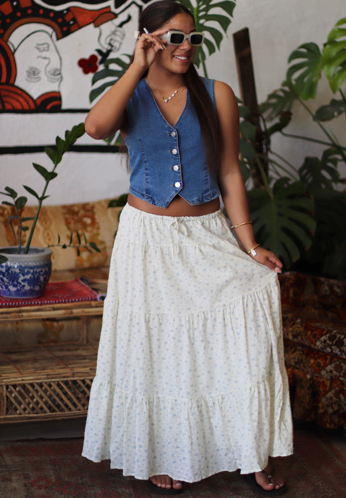 Cream & Blue Floral Tiered Skirt