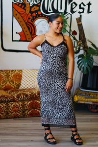 Lace-Trim Leopard Slip Dress in Black