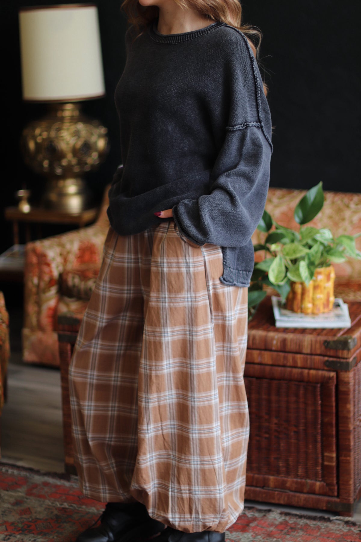 Moonlight Plaid Balloon Pants in Latte