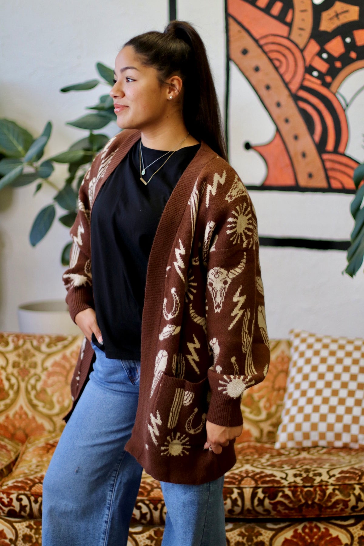 Oversized Western Knit Sweater Cardigan Brown