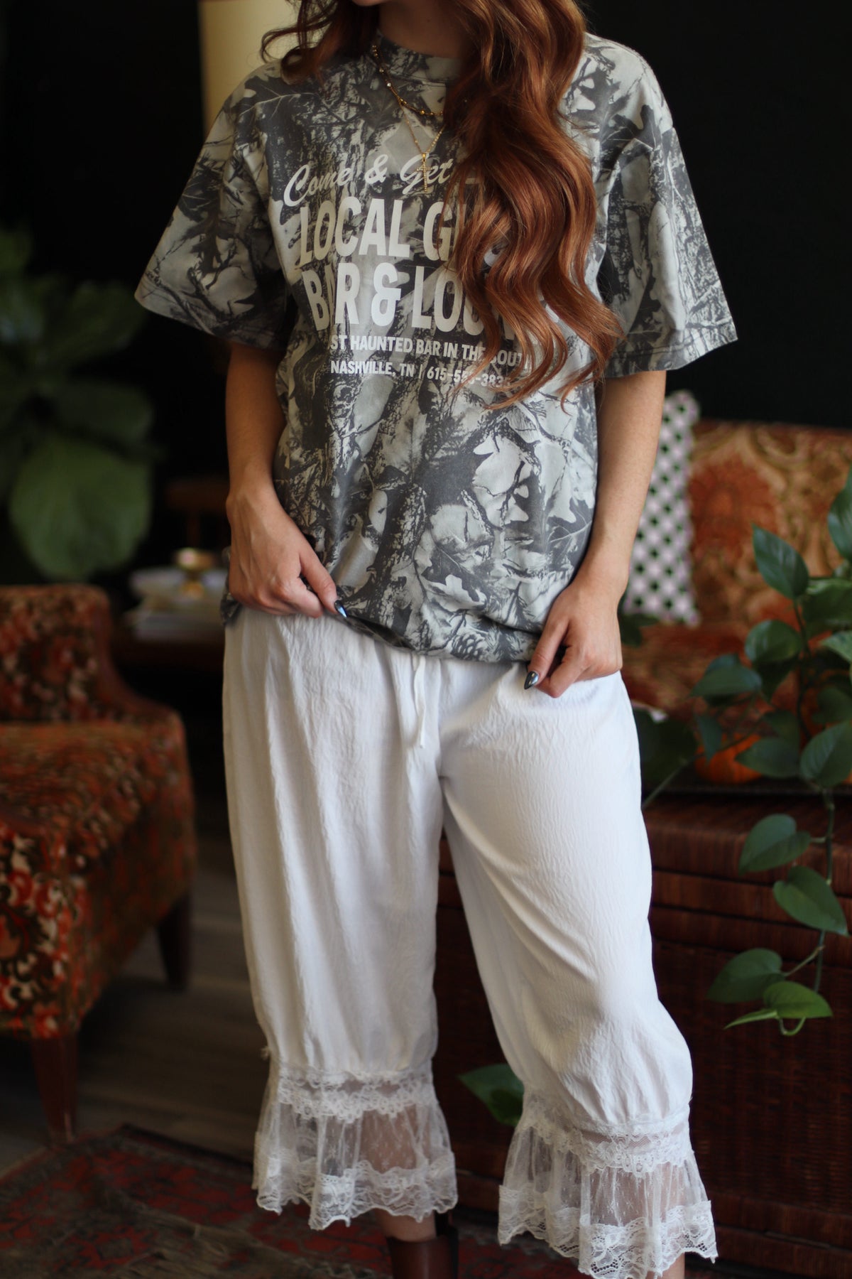 Autumn Groove Lace Hem White Bloomer Pants