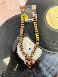 Brown Chunky Heart Pendant Resin Beaded Necklace
