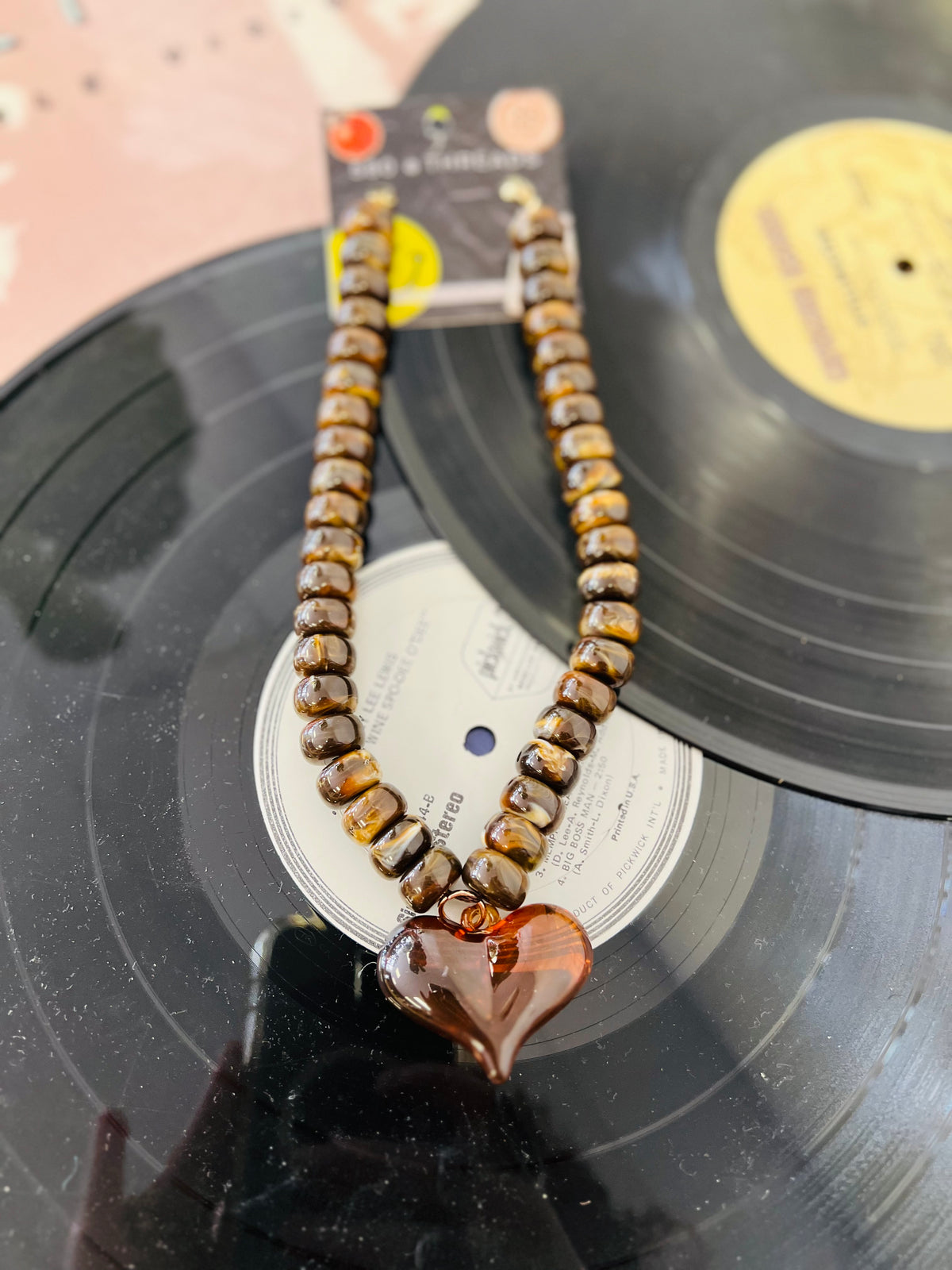 Brown Chunky Heart Pendant Resin Beaded Necklace