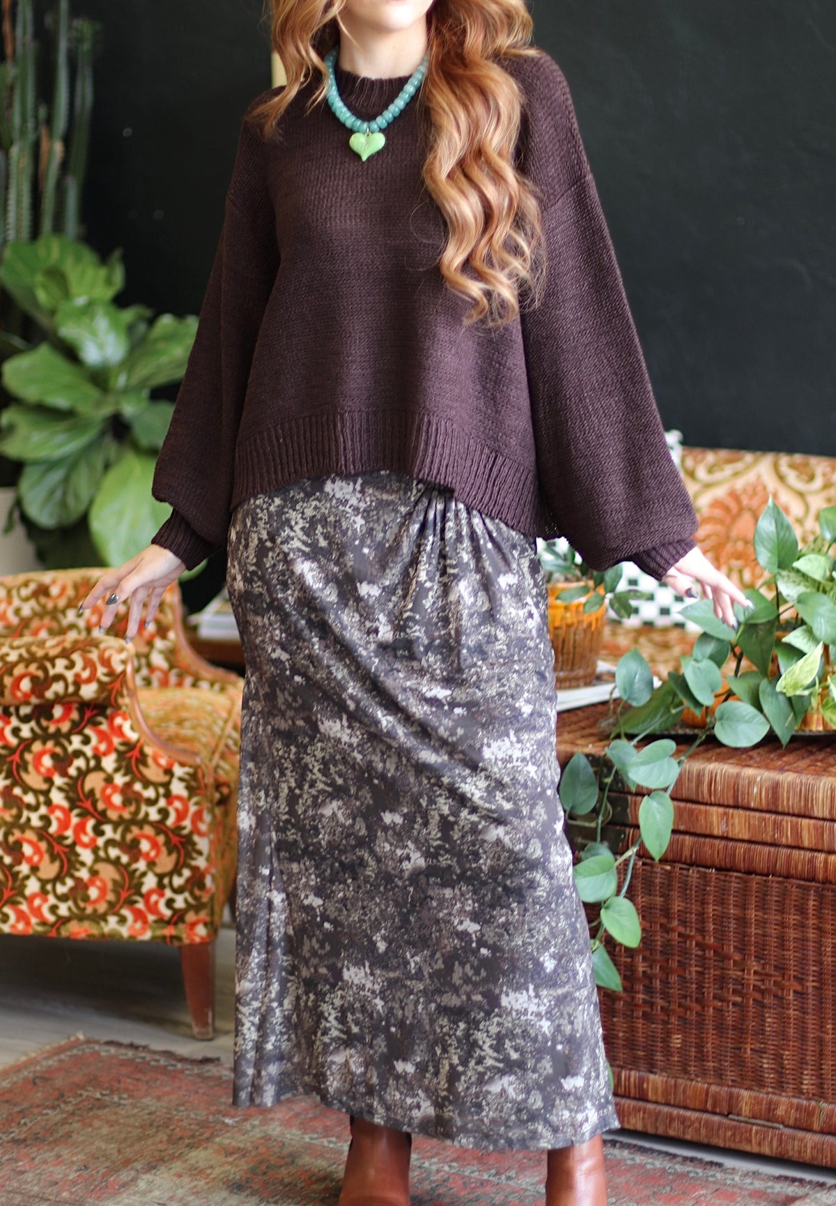 Abstract Print Midi Skirt w/ Waist Detail