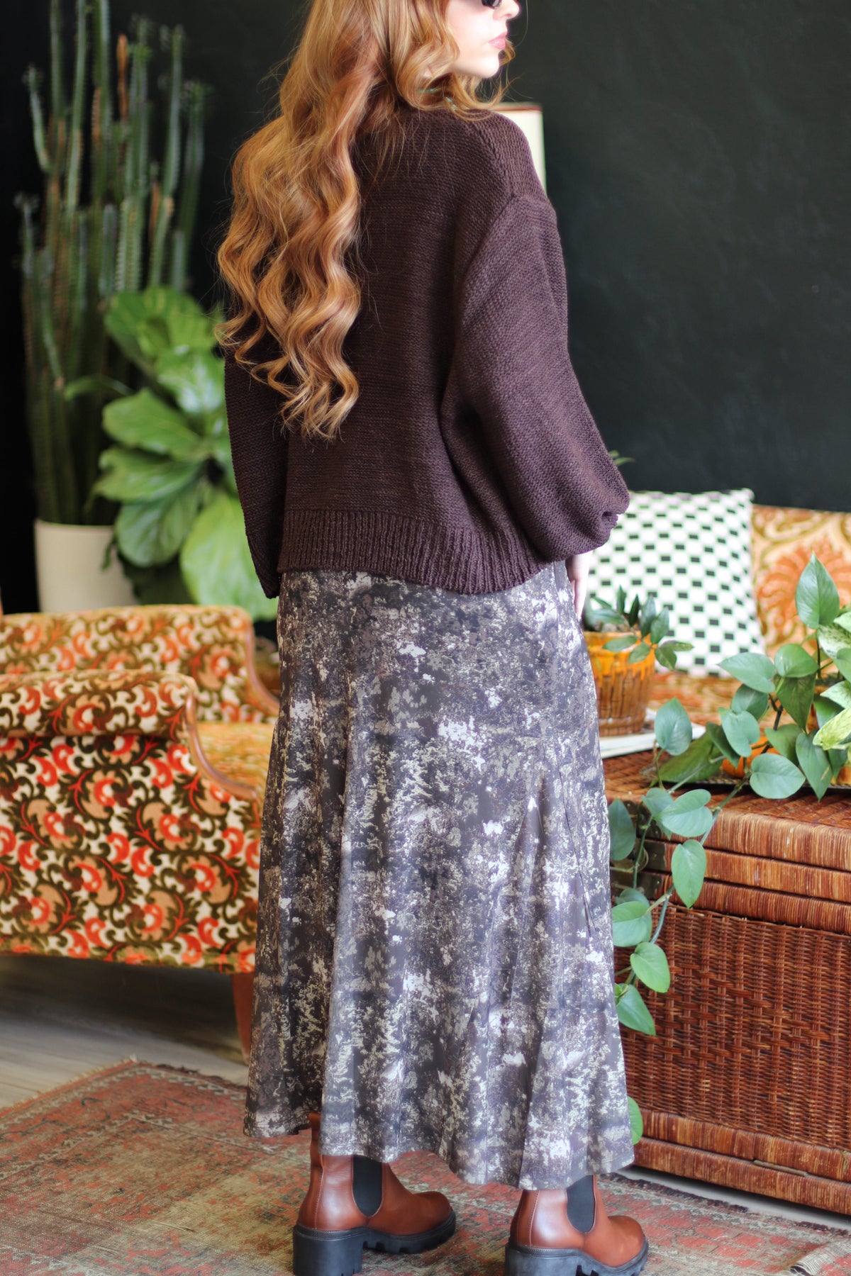 Abstract Print Midi Skirt w/ Waist Detail