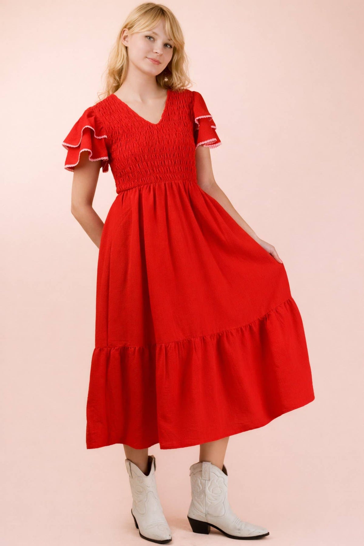 Red Ruffle Sleeve Midi Dress