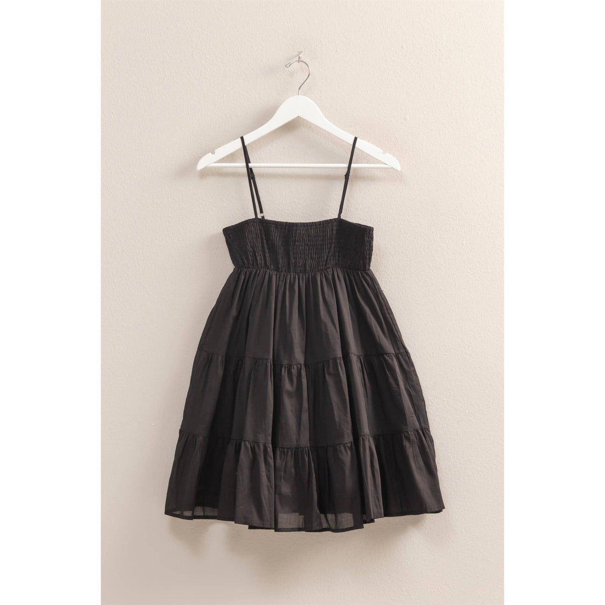 Cotton Smocked Tiered Mini Dress in Black