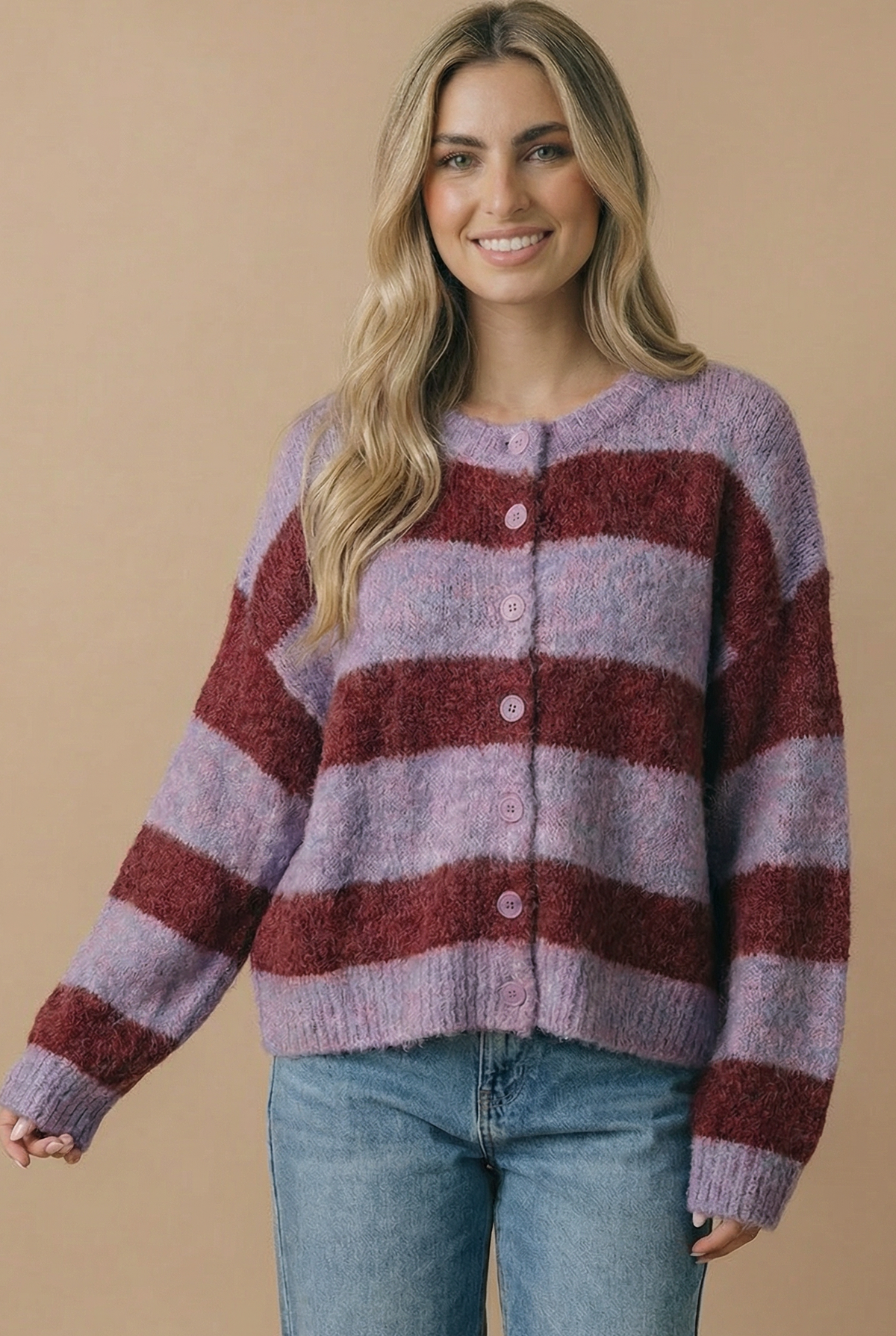 Burgundy Striped Fuzzy Button Down Cardigan