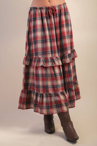 Red Ruffle Plaid Tiered Midi Skirt