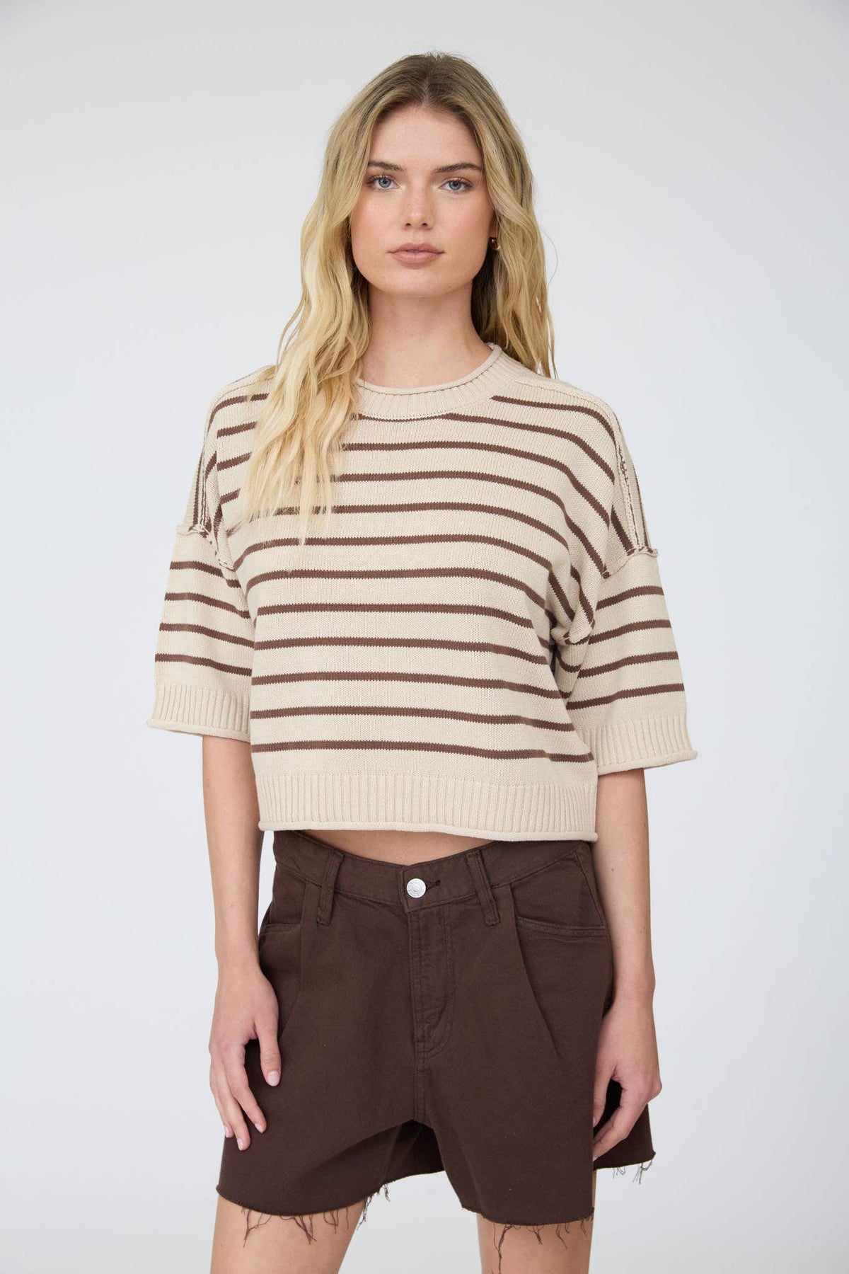 Oat Short Sleeve Striped Knit Top
