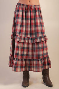 Red Ruffle Plaid Tiered Midi Skirt