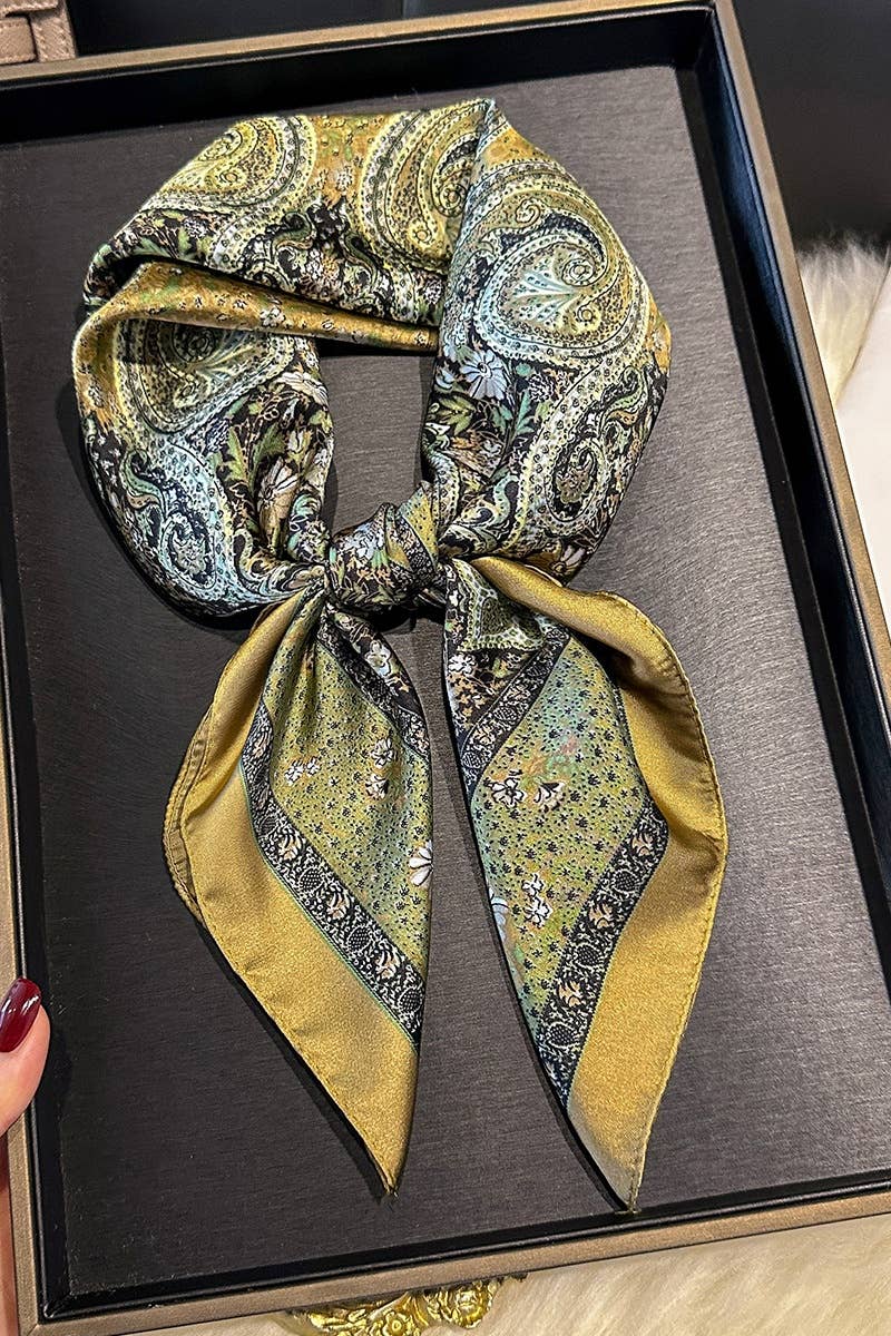 Olive Paisley Print Silk Square Scarf