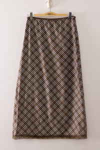 Randi Chocolate & Blue Mix Plaid Midi Skirt