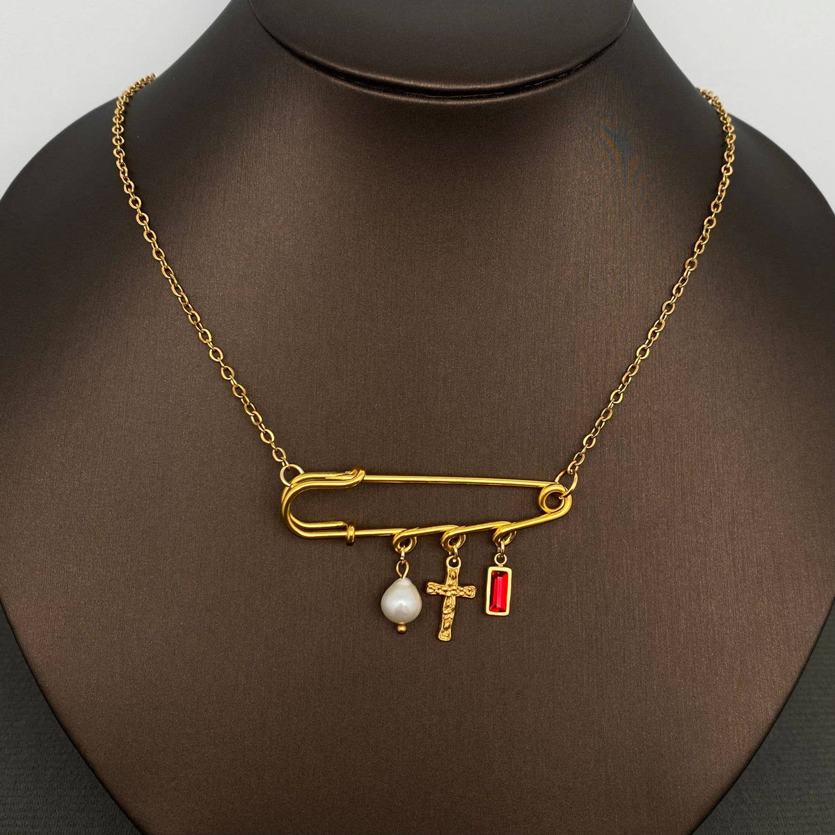 Pearl & Cross Safety Pin 18K GP S.Steel Necklace