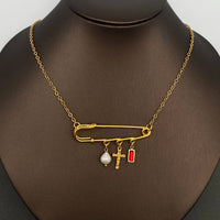 Pearl & Cross Safety Pin 18K GP S.Steel Necklace