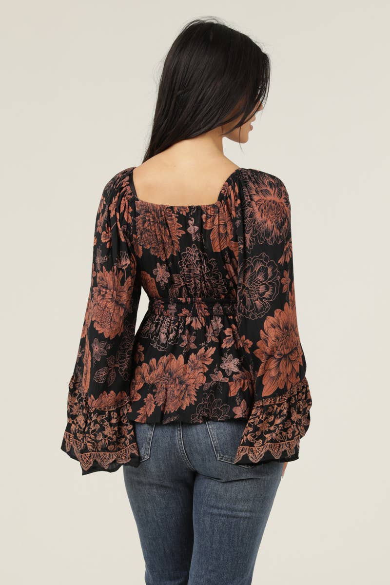 Hannah Black Floral Flowy Bell Sleeve Top