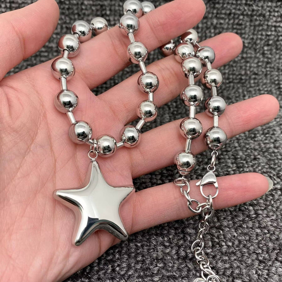 Stainless Steel Big Star Charm Beaded Necklace